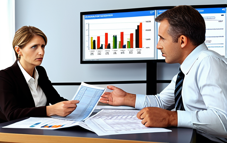 **
A financial advisor sitting at a desk, reviewing documents with a concerned-looking couple. The advisor is gesturing towards a screen displaying a diversified investment portfolio graph, including stocks, bonds, and real estate. In the background, subtle icons represent various financial risks (interest rate changes, inflation, market volatility). The overall tone should be reassuring and professional, highlighting the importance of risk analysis and diversification in financial planning for German families. Use realistic rendering, focus on the German context (e.g., clothing style, office setting).
**