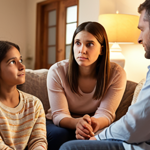 Home 6 **A friendly financial advisor attentively listening to a young couple in their cozy living room. The advisor is nodding empathetically as the couple discusses their dreams for their children's education. Soft, warm lighting to convey trust and understanding.** (Focus: Active listening, empathy, family dreams)