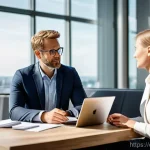 Home 18 CFP 취득 후 직장 내 승진 사례 - **Prompt:** A confident Certified Financial Planner (CFP) in a modern, brightly lit German office, s...