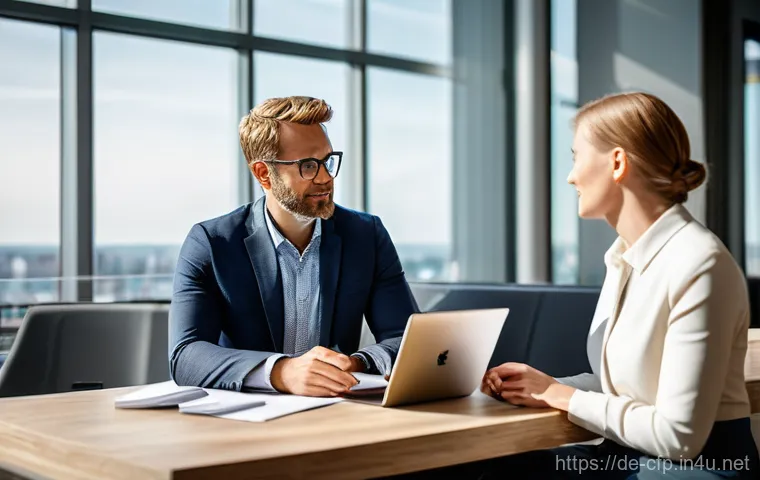 CFP 취득 후 직장 내 승진 사례 - **Prompt:** A confident Certified Financial Planner (CFP) in a modern, brightly lit German office, s...