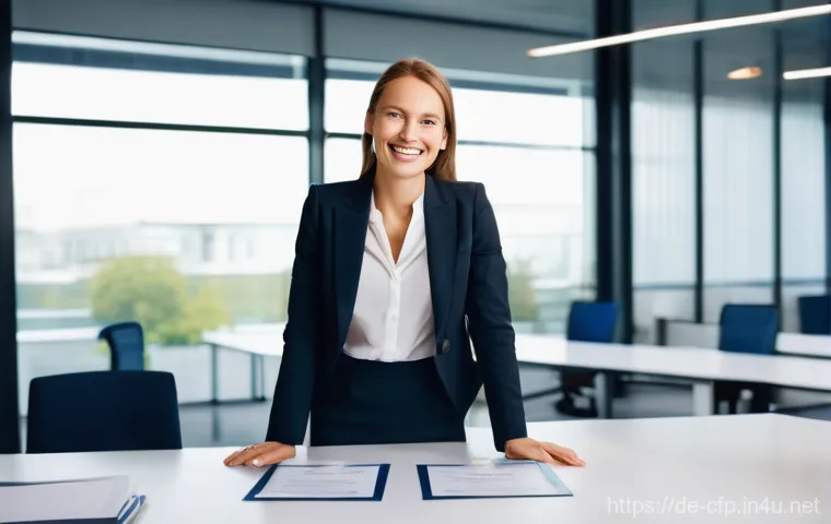 CFP 취득 후 직장 내 승진 사례 - **Prompt:** A confident Certified Financial Planner (CFP) in a modern, brightly lit German office, s...
