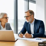 Home 19 CFP 실무 과정과 필수 교육 - A professional financial advisor sitting at a modern desk in a bright office, engaged in a deep conv...