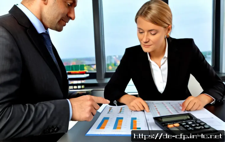 Home 17 재무설계사의 고객 상담 팁 - Photorealistic financial adviser in a smart neutral suit warmly consulting a middle-aged German coup...